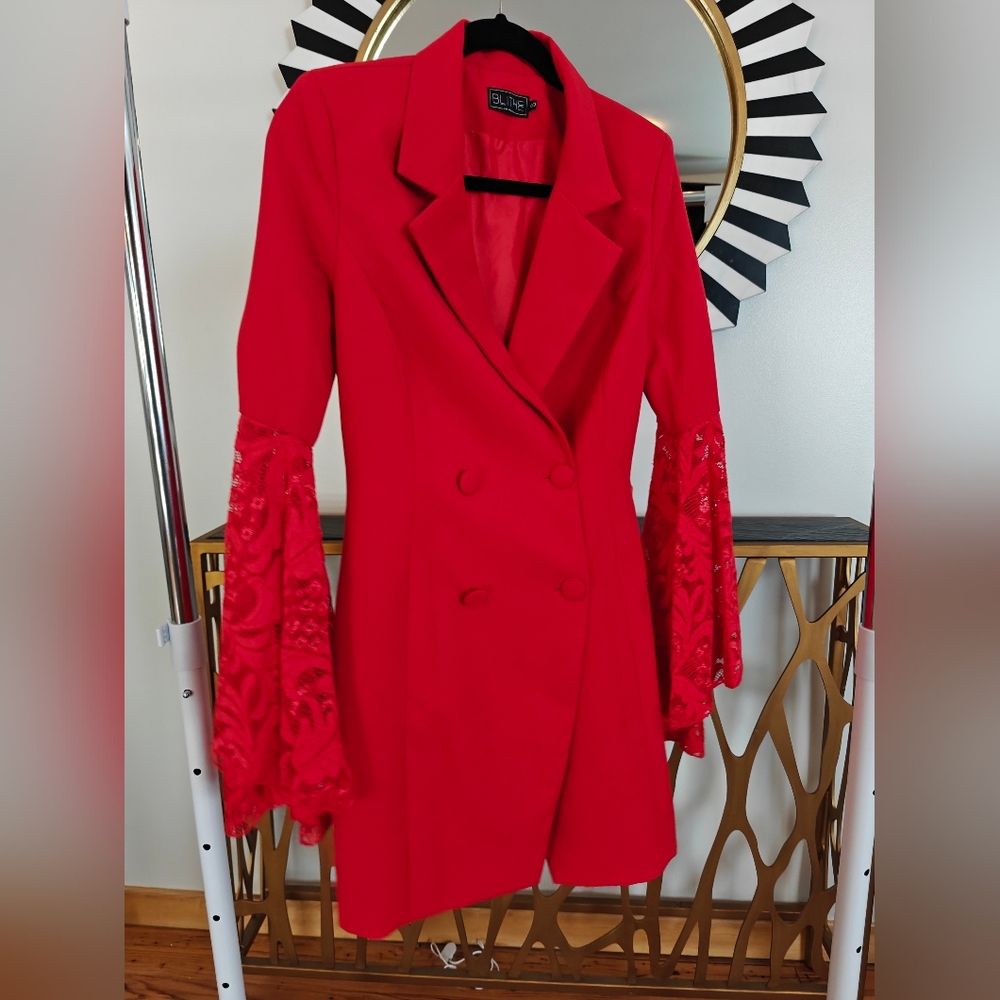 Red Double-Breasted Blazer with Lace Sleeves